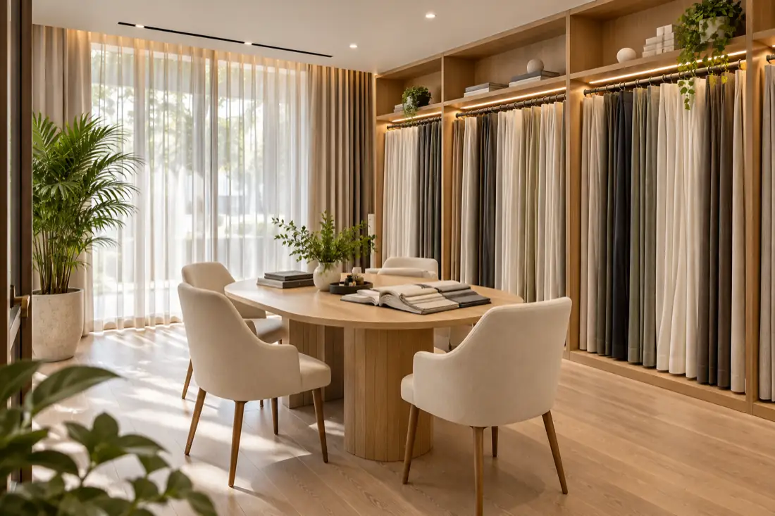 Showroom Tín Trung Blinds với kệ mẫu rèm và bàn tư vấn