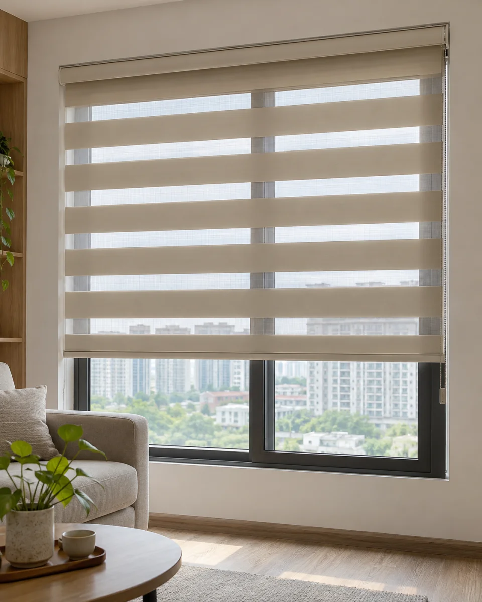 Phòng khách tông xám với cửa sổ lắp rèm cầu vồng