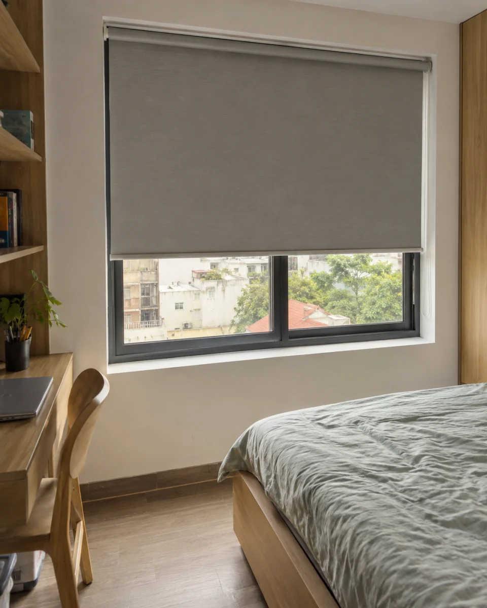 Phòng ngủ hiện đại với rèm cuốn trên cửa kính