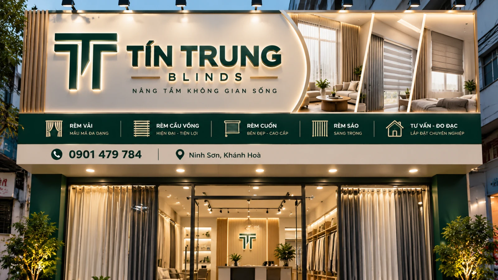 Mặt tiền showroom Tín Trung Blinds với các mẫu rèm trưng bày